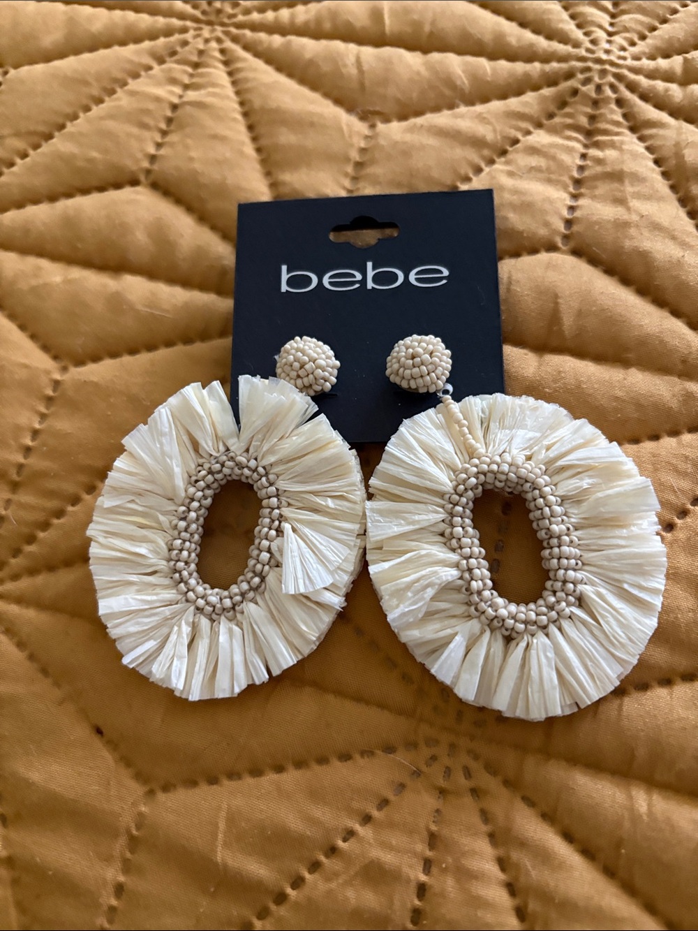 bebe Cream Raffia Beaded Hoop Drop Earrings